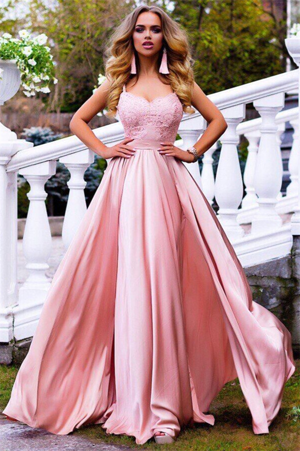 A-line Spaghetti Straps Sleeveless Sweep / Brush Train Formal Dress With Lace 1