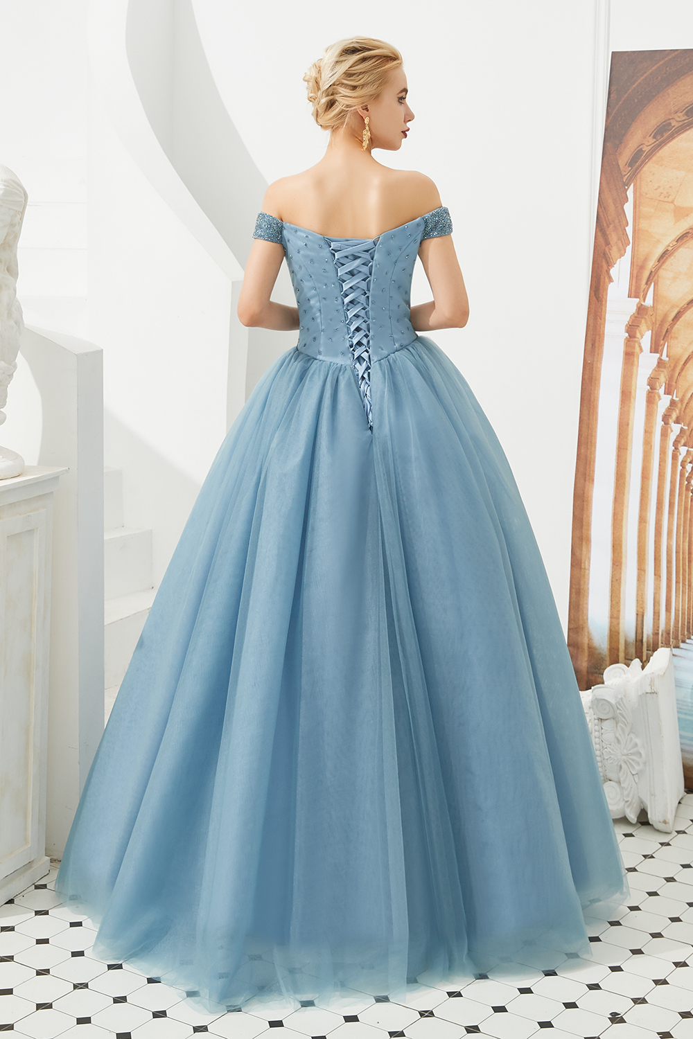 Off-the-shoulder Cap Sleeves Sweep / Brush Train Tulle Formal Dress With Beading 21