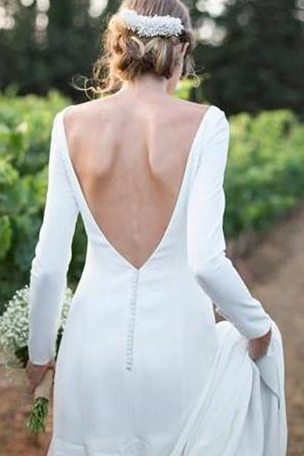 Column Bateau Neck Long Sleeves Chapel Train Satin Bridal Dress With Buttons 2