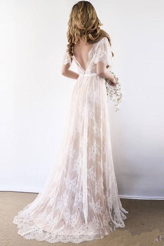 V-neck Cap Sleeves Tulle Wedding Dress With Lace 2