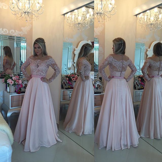 A-line Bateau Neck Long Sleeves Floor-length 100D Chiffon Evening Dress With Lace 3