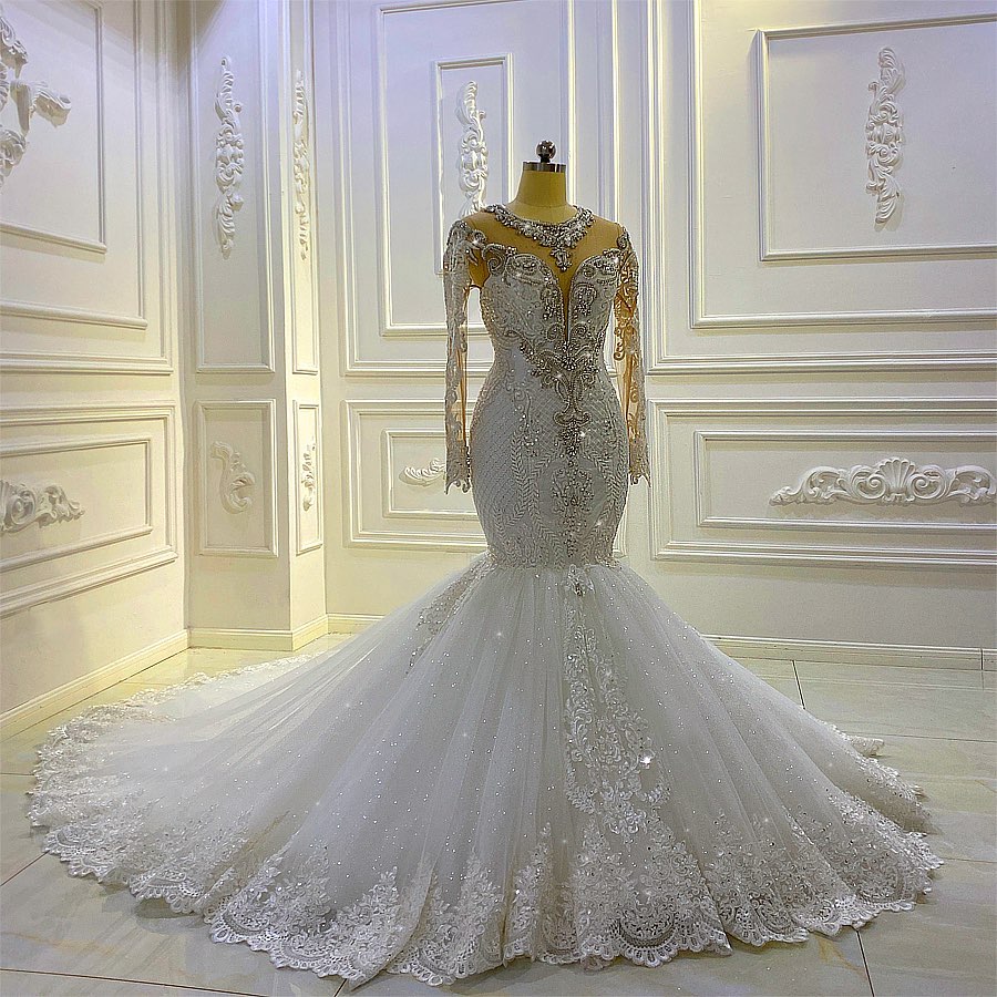 Mermaid Jewel Neck Long Sleeves Chapel Train Tulle Bridal Attire With Lace 2