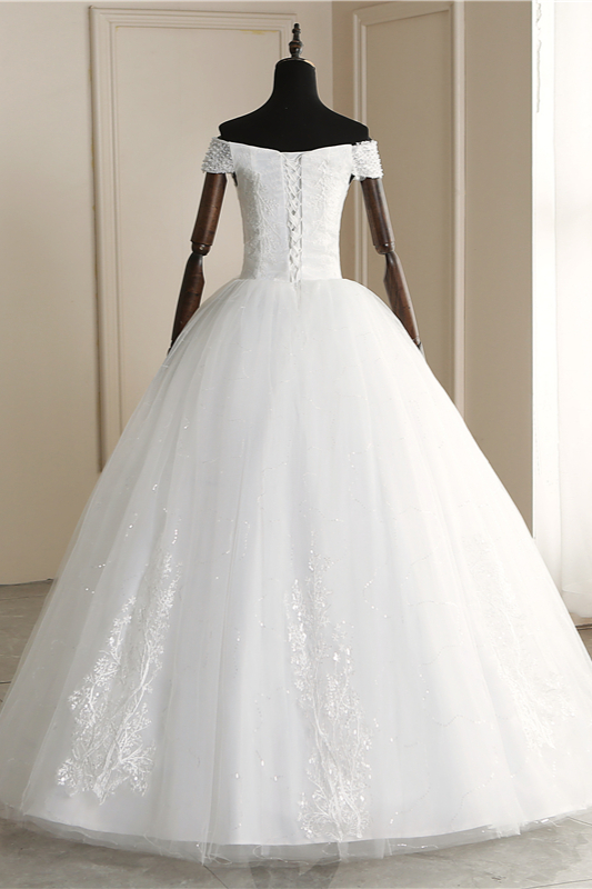 A-line Cap Sleeves Floor-length Tulle Bridal Dress With Lace 2