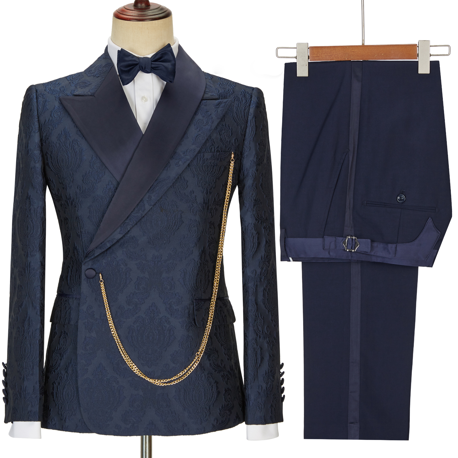 Navy Blue Jacquard Peaked Lapel Wedding Men Suit 5
