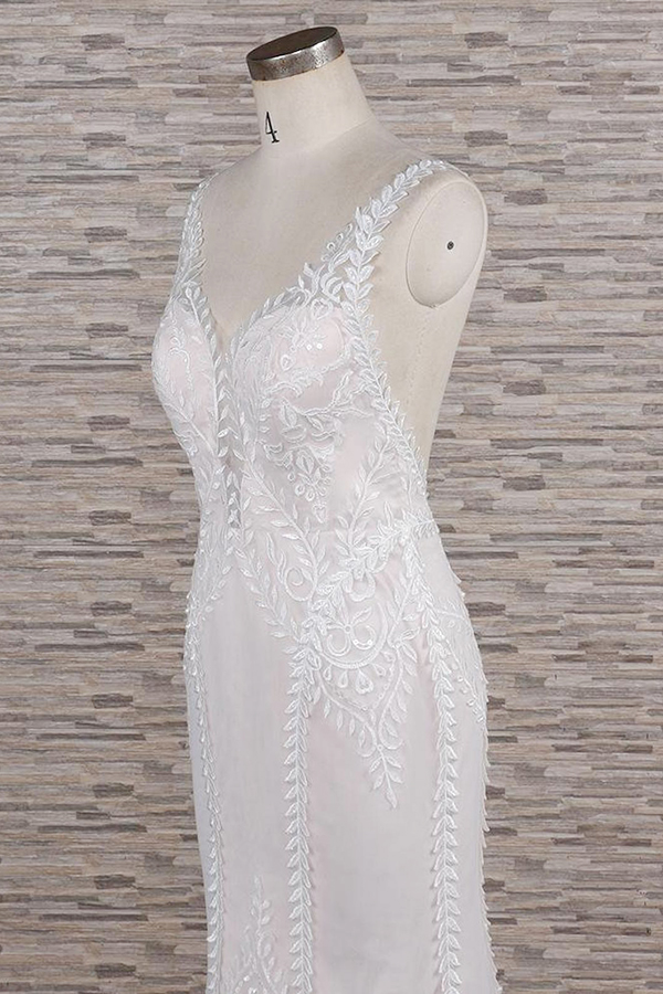 Mermaid V-neck Sleeveless Court Train Tulle Wedding Dress With Appliques 5