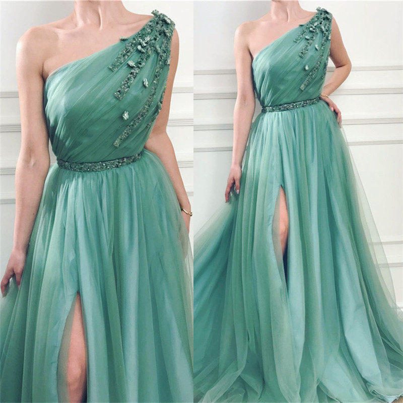A-line One Shoulder Sleeveless Floor-length Tulle Evening Dress With Ribbons 3