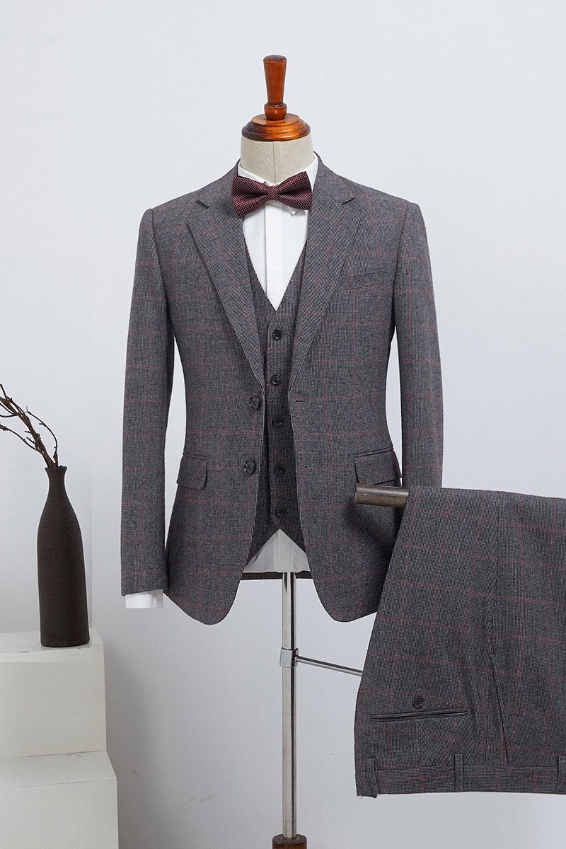 Gray Plaid Notched Lapel 2 Button Custom Suit For Business 1