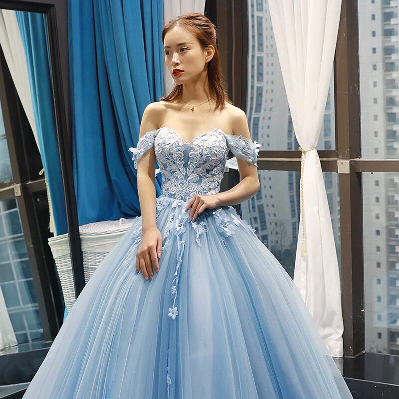 A-line Off-the-shoulder Sweetheart Neck Sleeveless Floor-length Tulle Evening Gown With Appliques 2