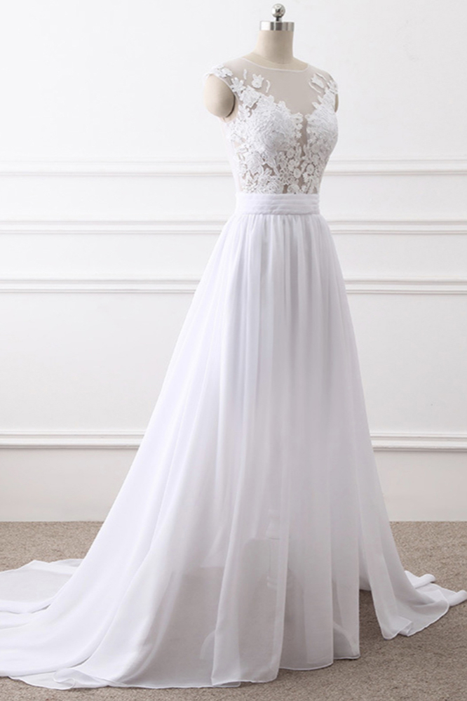 A-line Jewel Neck Sleeveless Floor-length Tulle Wedding Dress With Split Front 3