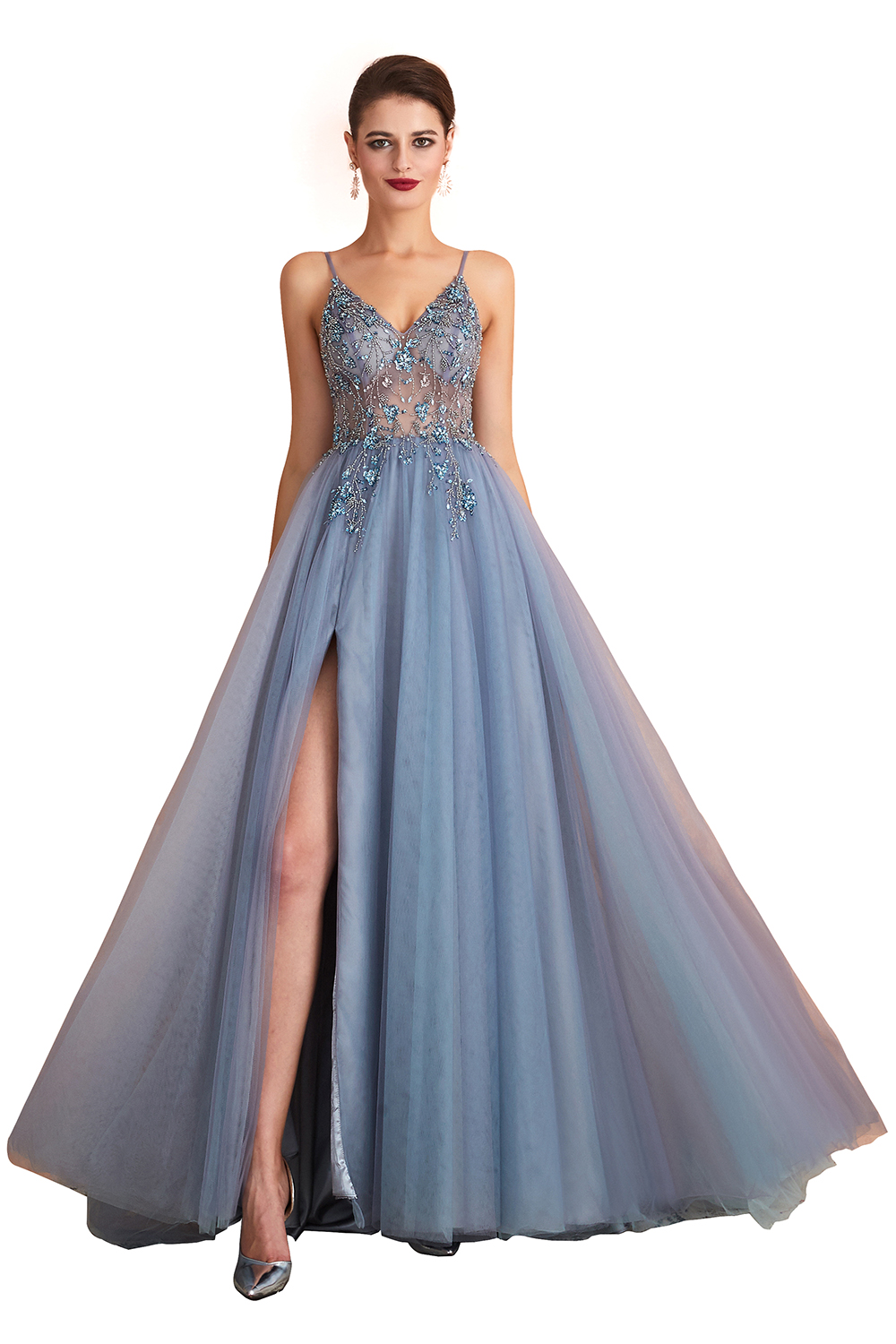 A-line V-neck Sleeveless Sweep / Brush Train Tulle Evening Dress With Sequins 4