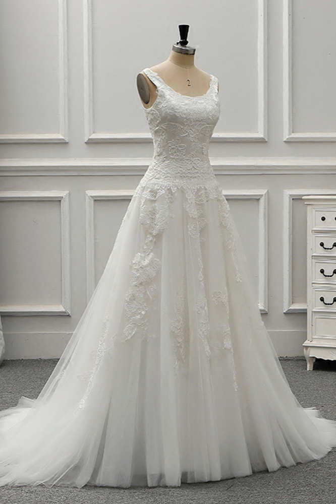 A-line Straps Jewel Neck Sleeveless Floor-length Tulle Wedding Gown With Chapel Train 4