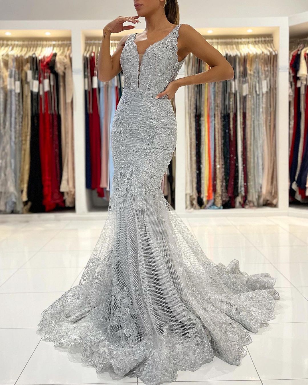 Mermaid Straps Sleeveless Floor-length Lace Evening Dress With Crystal 6