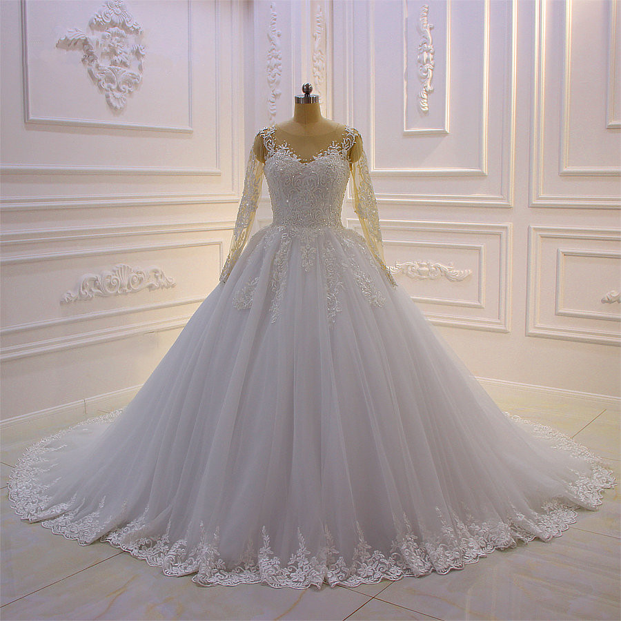 Ball Gown Jewel Neck Long Sleeves Floor-length Tulle Bridal Dress With Beading 6