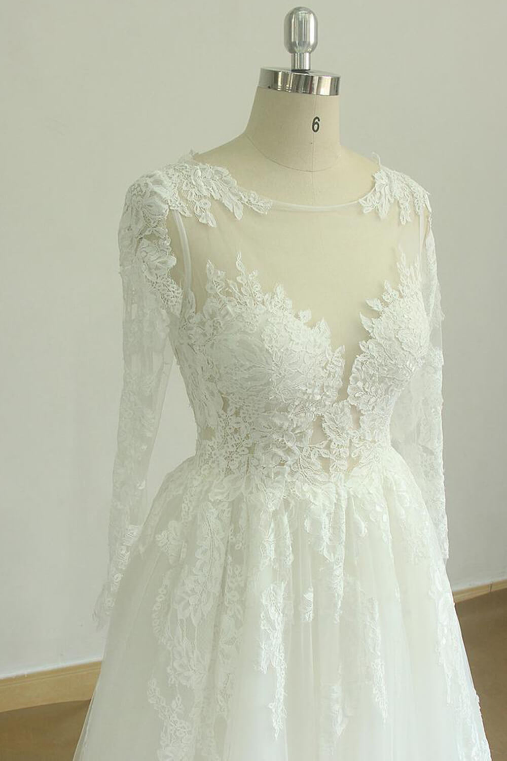 A-line Jewel Neck Long Sleeves Court Train Tulle Wedding Dress With Lace 3