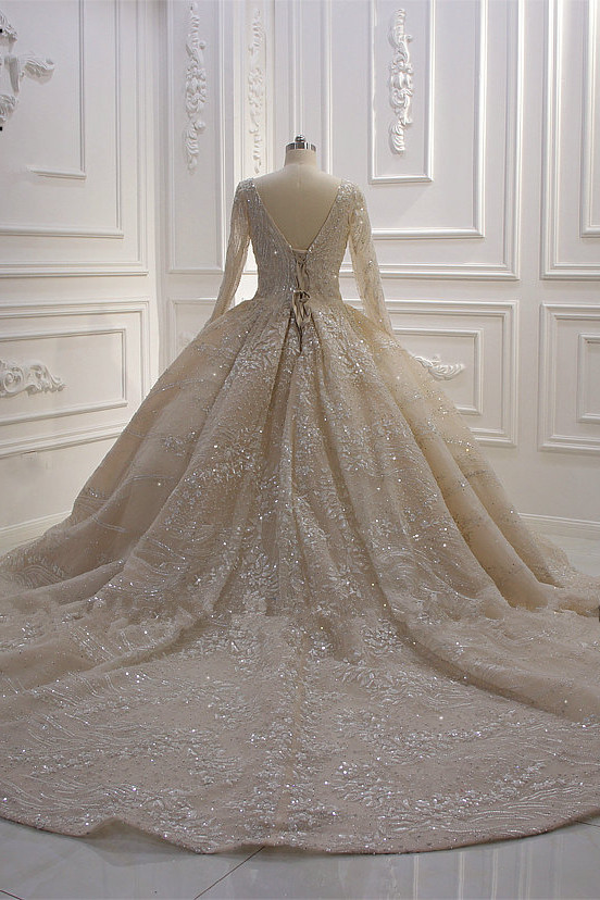 Ball Gown V-neck Long Sleeves Floor-length Satin Bridal Dress With Beading 5