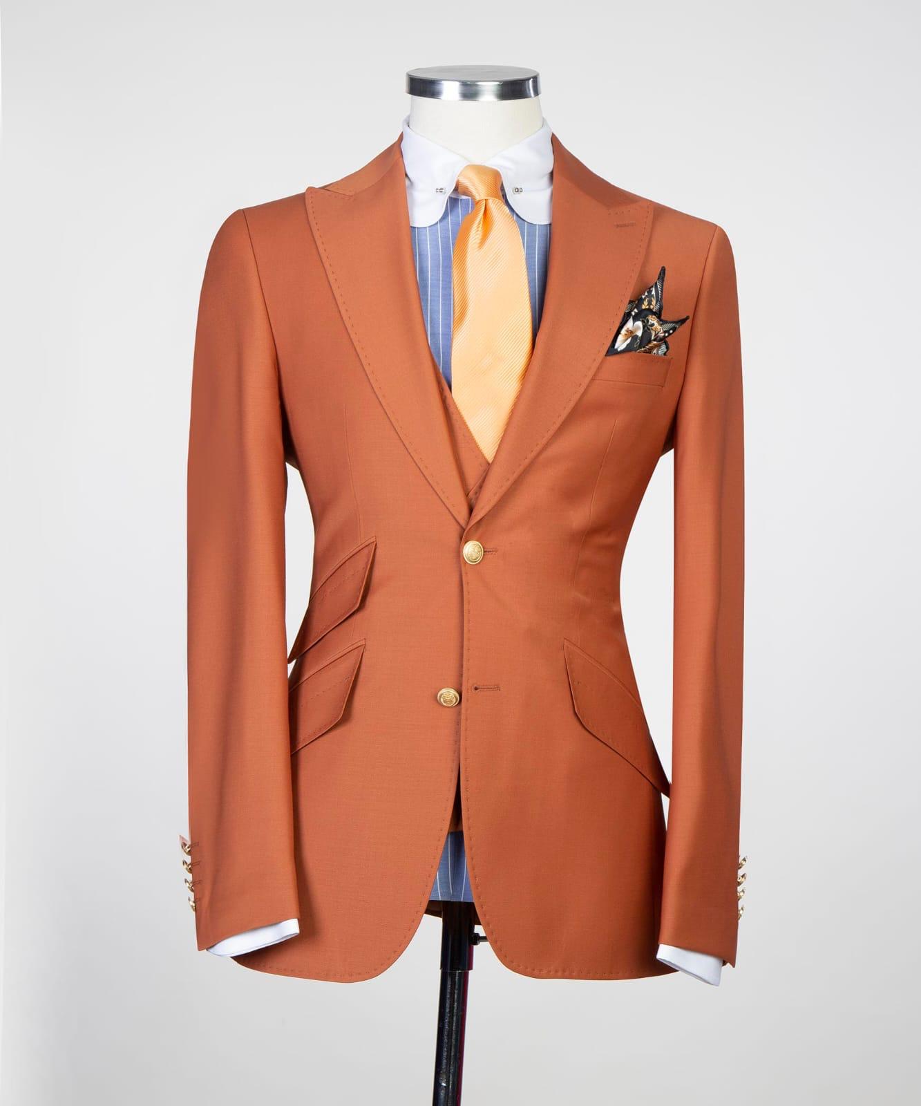 Orange Close Fitting Prom Men Suit with Peaked Lapel 4