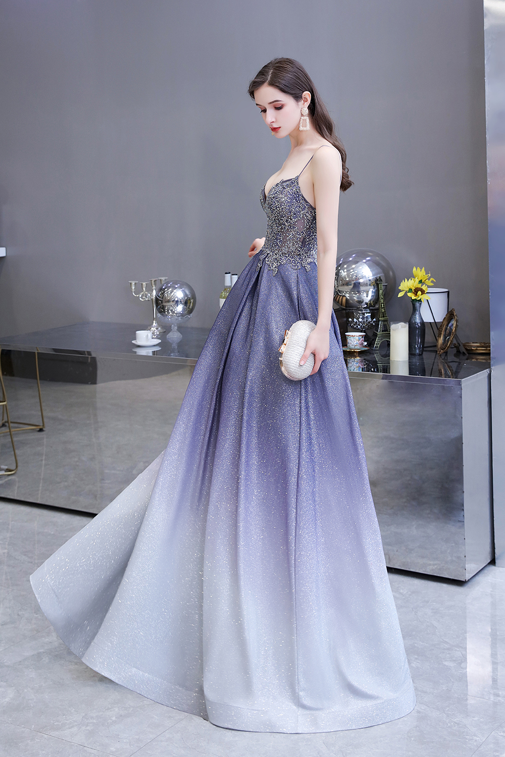 A-line Spaghetti Straps V-neck Sleeveless Sweep / Brush Train Satin Formal Dress With Appliques 15