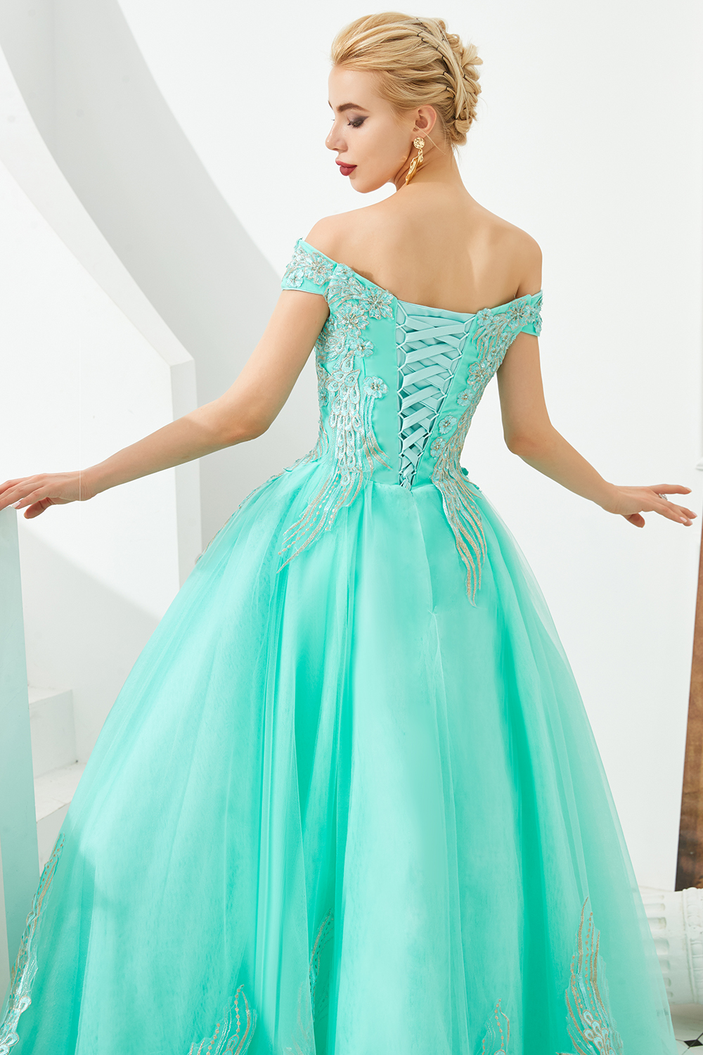 Ball Gown Off-the-shoulder Cap Sleeves Sweep / Brush Train Tulle Formal Dress With Beading 15