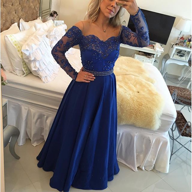 A-line Bateau Neck Long Sleeves Floor-length Formal Dress With Ribbons 2