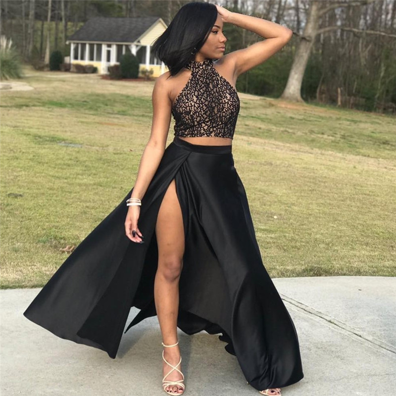 A-line Halter-neck Sleeveless Stretch Satin Evening Dress With Sweep / Brush Train 2