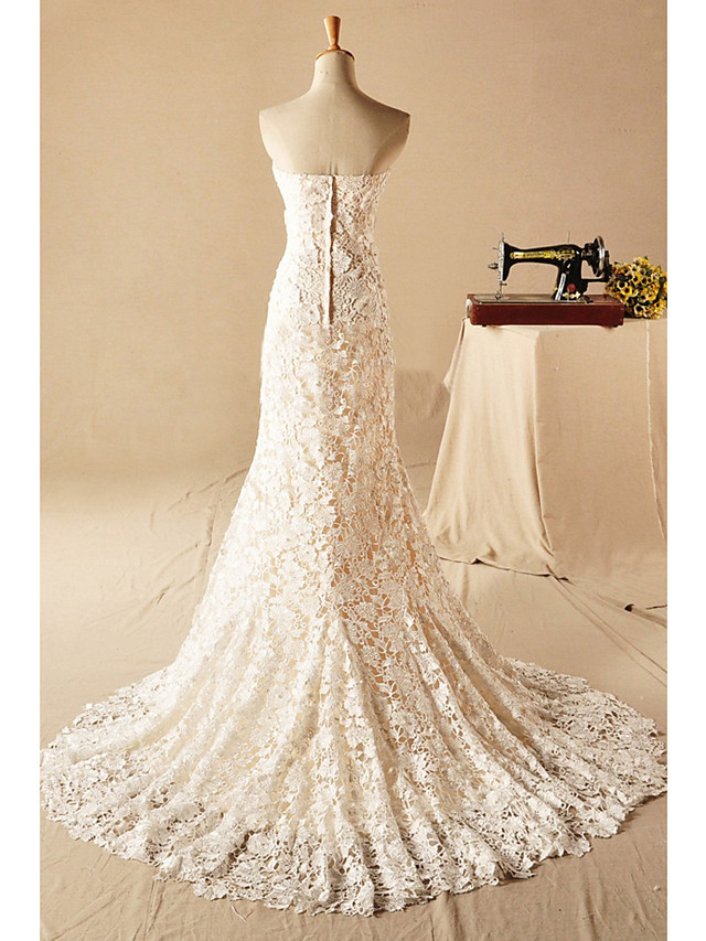 Mermaid Strapless Sleeveless Court Train Lace Wedding Gown With Beading 3