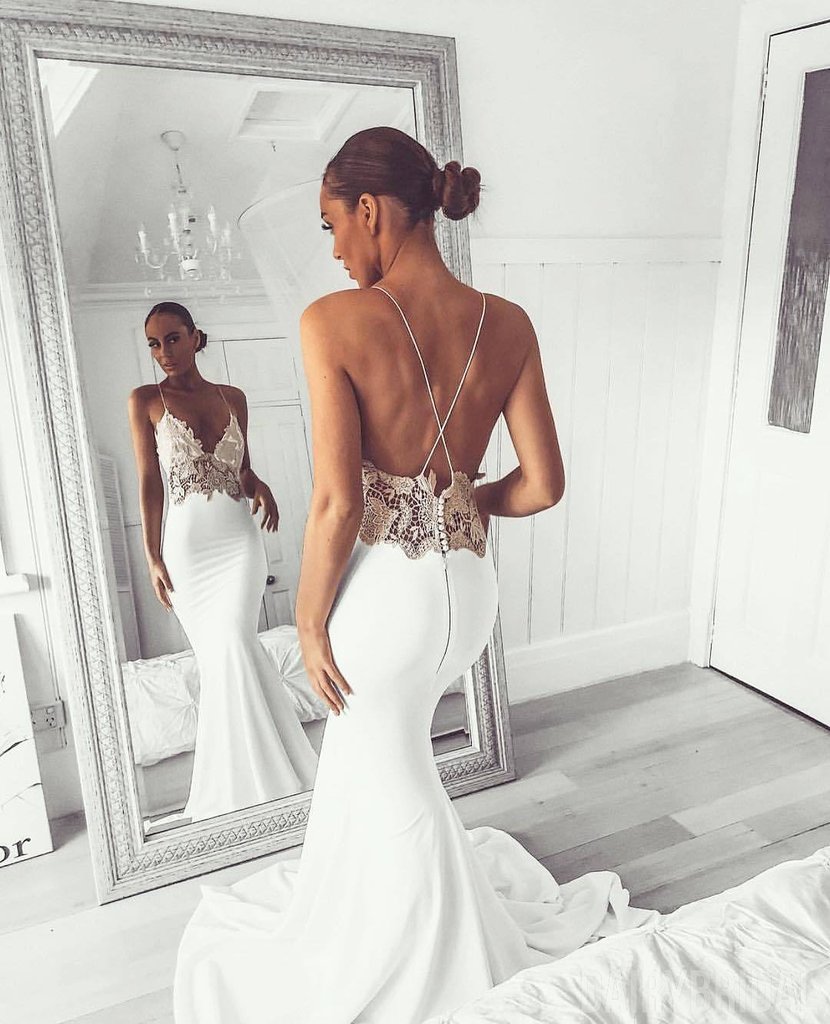 Mermaid Spaghetti Straps Sleeveless Sweep / Brush Train Bridal Attire With Appliques 3