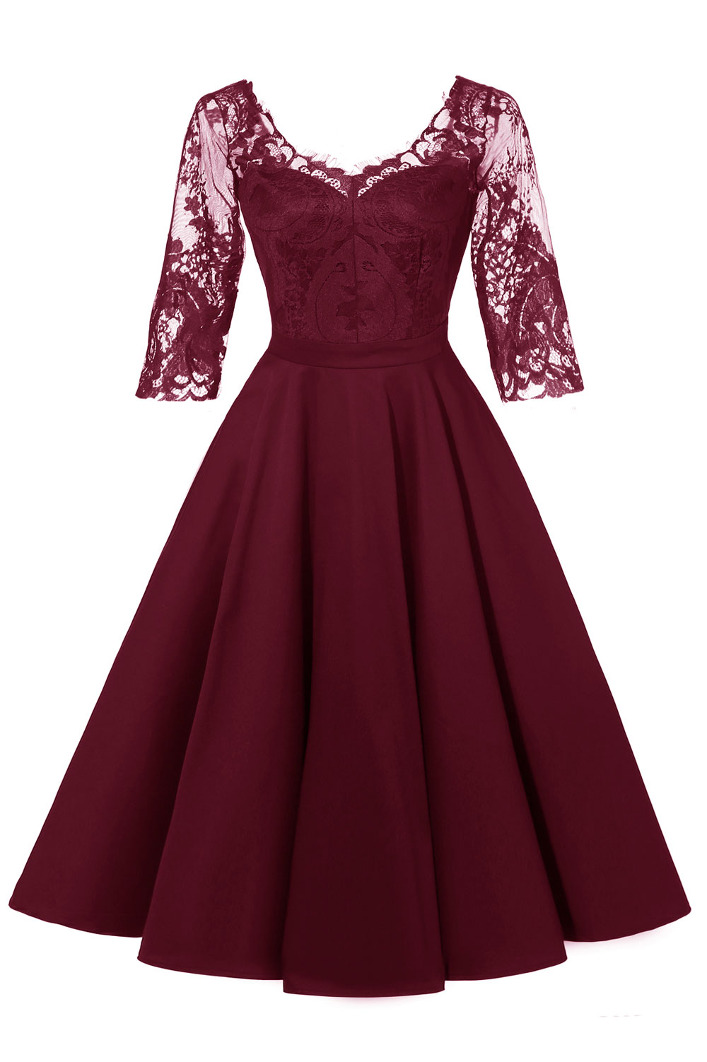A-line V-neck Half-Sleeves Knee-length Lace Party Dress With Lace 3