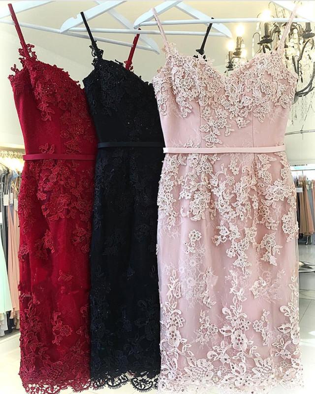 Column Spaghetti Straps Sleeveless Mini Cocktail Party Dress With Lace 2