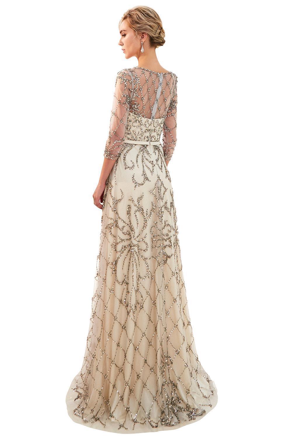 A-line Scoop Neck 3/4-Length Sleeves Sweep / Brush Train Tulle Evening Dress With Crystal 3