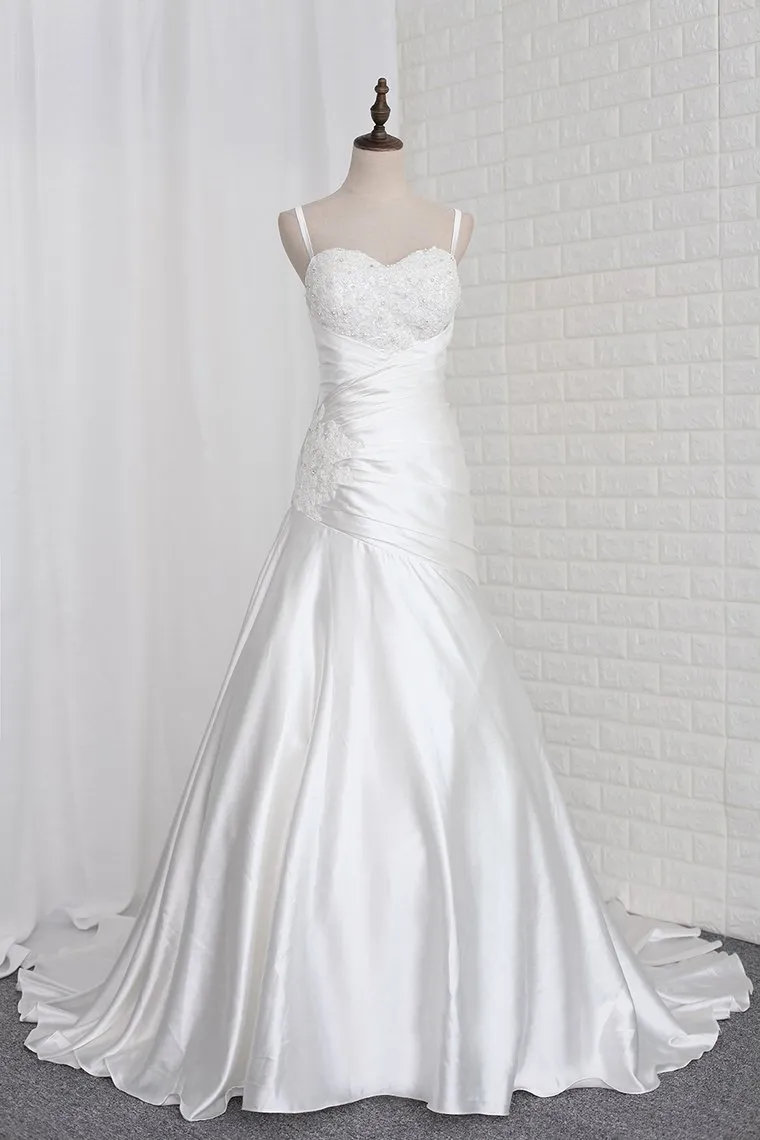 Mermaid Straps Sweetheart Neck Sleeveless Court Train Satin Wedding Gown With Beading 1