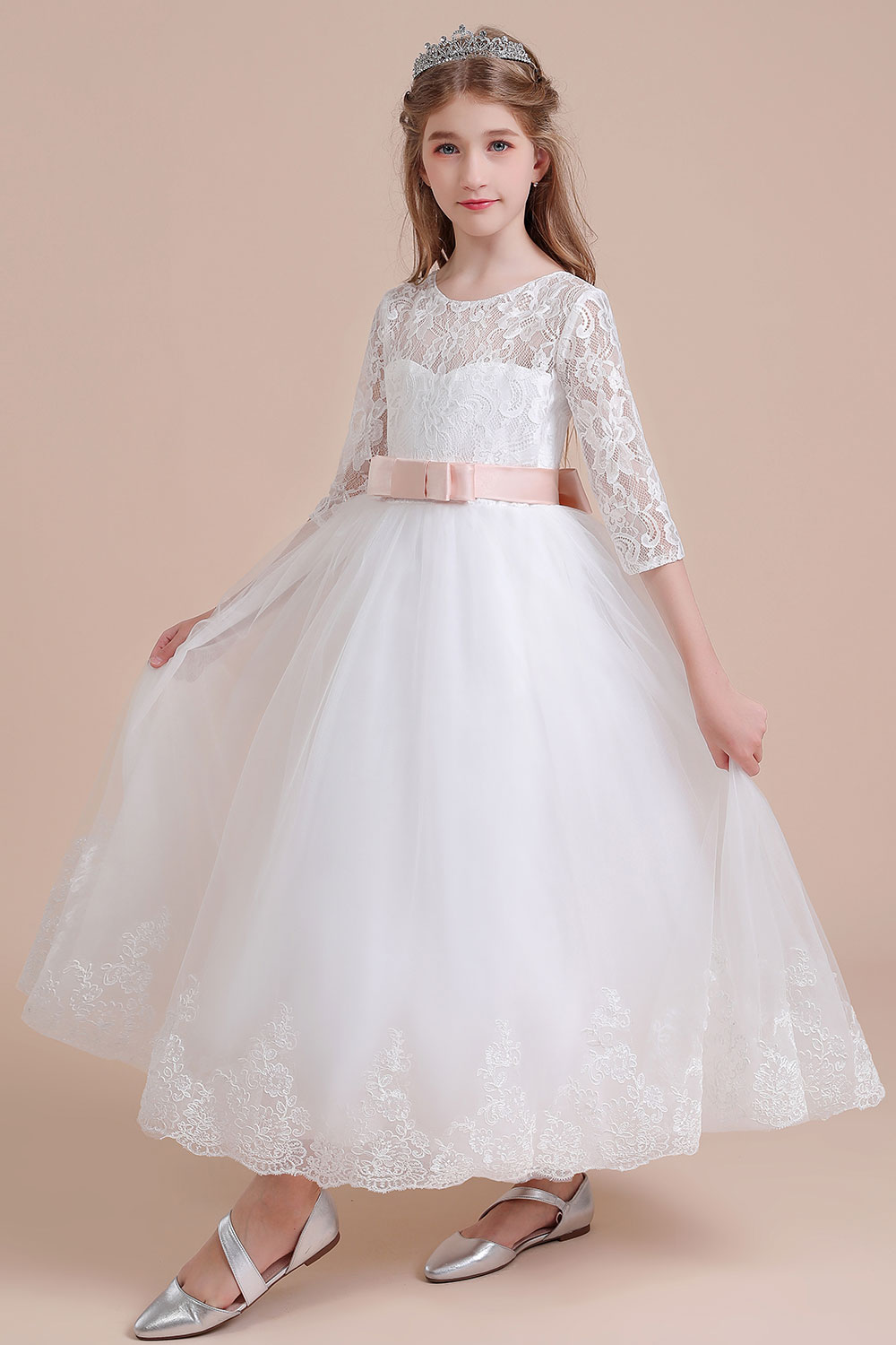A-line Sweetheart Neck Jewel Neck 3/4-Length Sleeves Ankle-length Tulle Flower Girl Dress With Ribbons 8