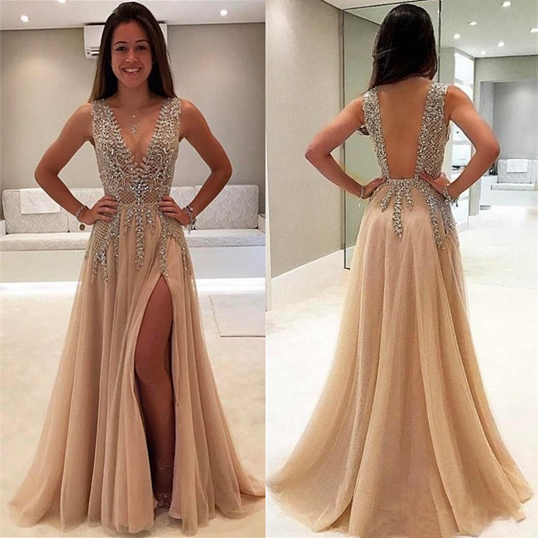 A-line V-neck Sleeveless Sweep / Brush Train Tulle Evening Gown With Beading 2