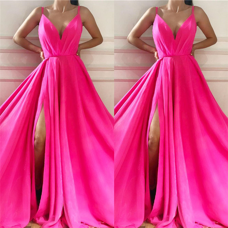 A-line Spaghetti Straps V-neck Sleeveless Floor-length 100D Chiffon Cocktail Party Dress With Split Front 2