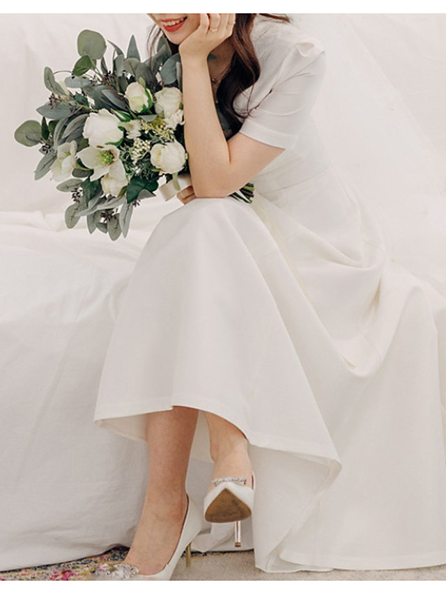 A-line V-neck Short Sleeves Tea-length Wedding Dress With Buttons 2