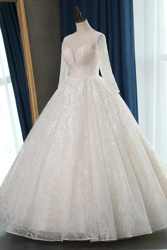 Ball Gown Jewel Neck Long Sleeves Floor-length Tulle Bridal Dress With Appliques 3