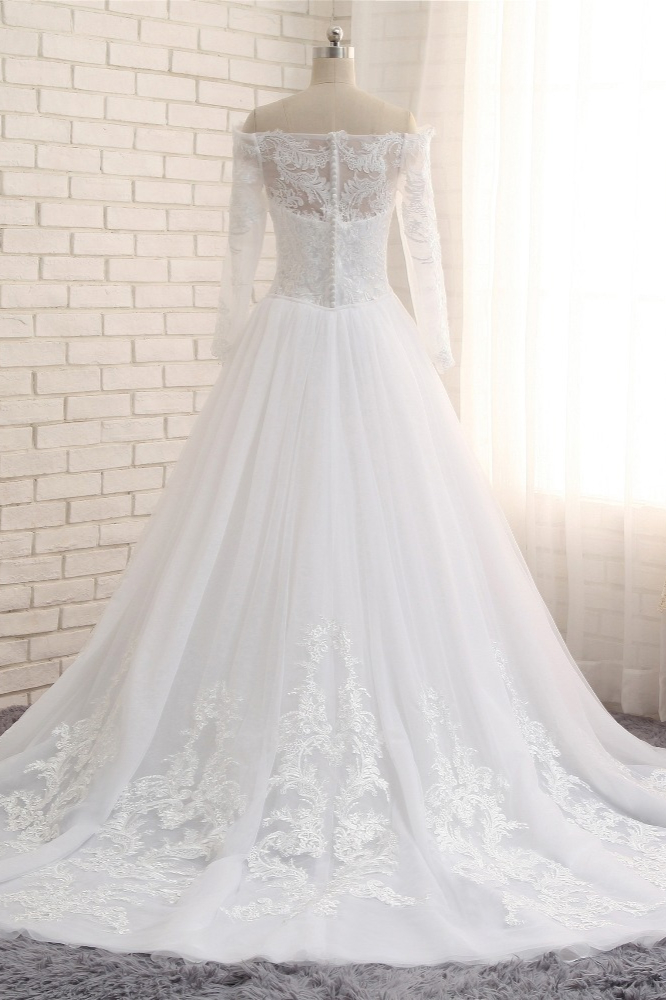 A-line Bateau Neck Long Sleeves Floor-length Tulle Wedding Gown With Lace 2