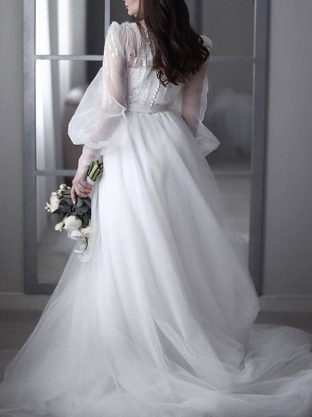 A-line V-neck Sweep / Brush Train Tulle Bridal Gown With Lace 2