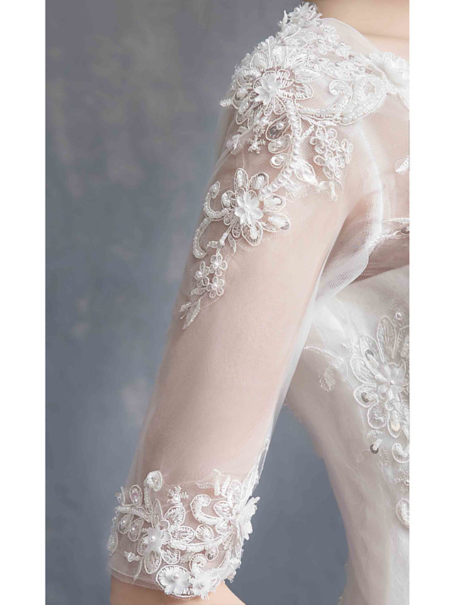 Ball Gown Scoop Neck Half-Sleeves Chapel Train Lace Bridal Gown With Lace 13