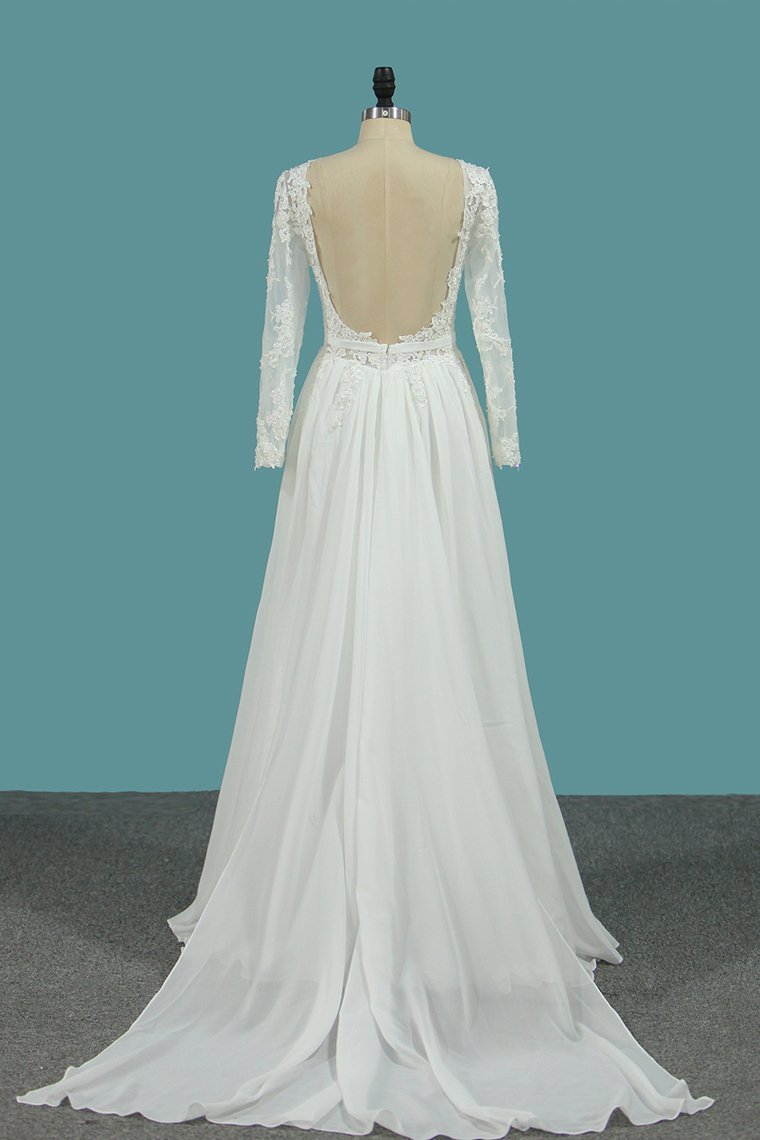 A-line Jewel Neck Long Sleeves Floor-length 100D Chiffon Bridal Attire With Beading 2