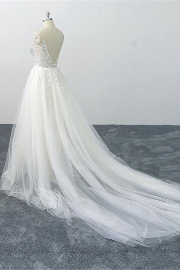 A-line Spaghetti Straps V-neck Sleeveless Floor-length Tulle Wedding Dress With Appliques 4