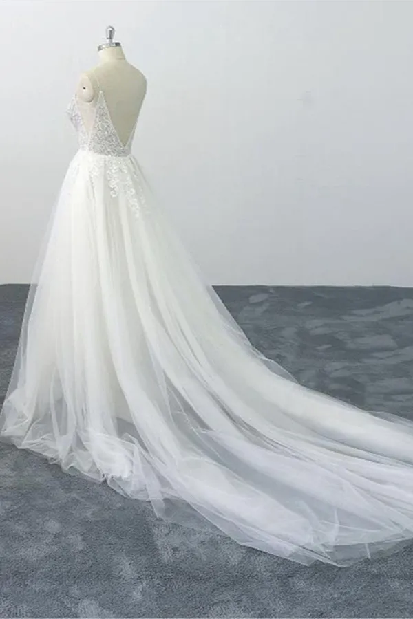 A-line Spaghetti Straps V-neck Sleeveless Floor-length Tulle Wedding Dress With Appliques 4