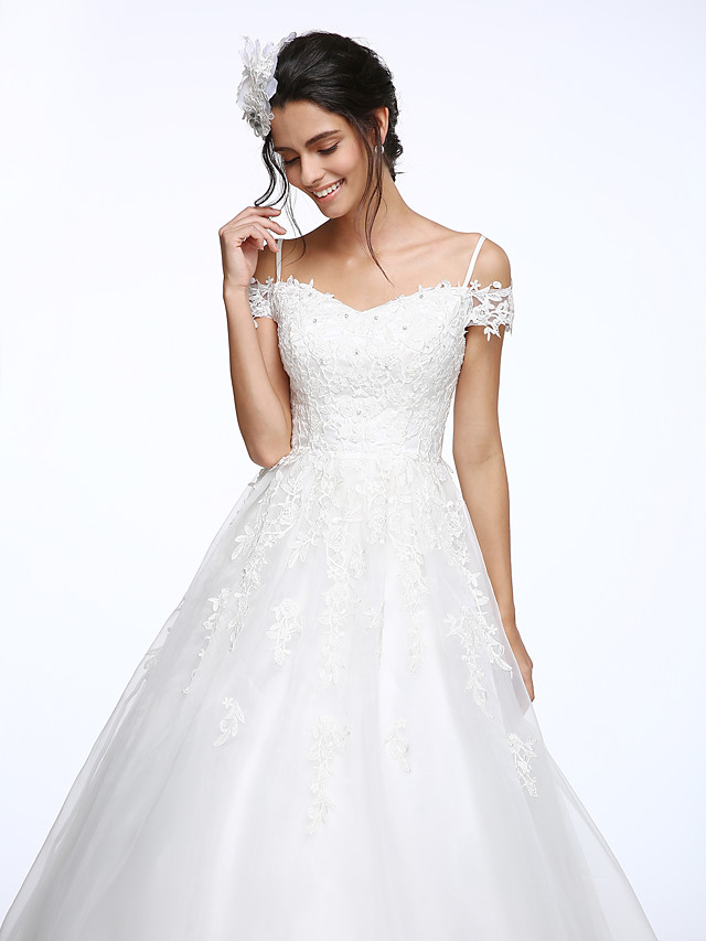 Ball Gown Short Sleeves Court Train Organza Wedding Gown With Lace 7