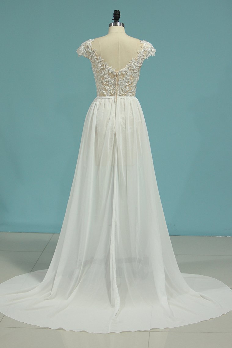 A-line V-neck Sleeveless Floor-length 100D Chiffon Bridal Dress With Lace 2