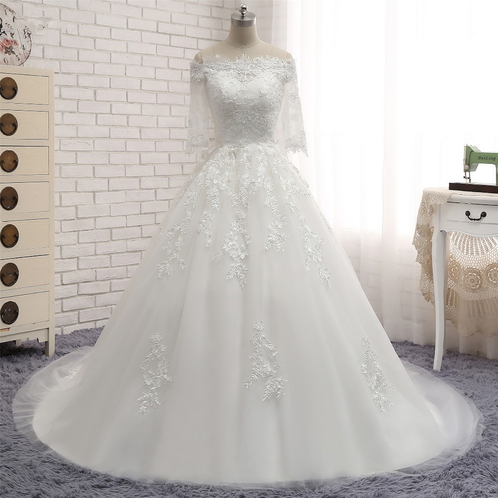 A-line Bateau Neck Half-Sleeves Floor-length Tulle Bridal Dress With Appliques 6