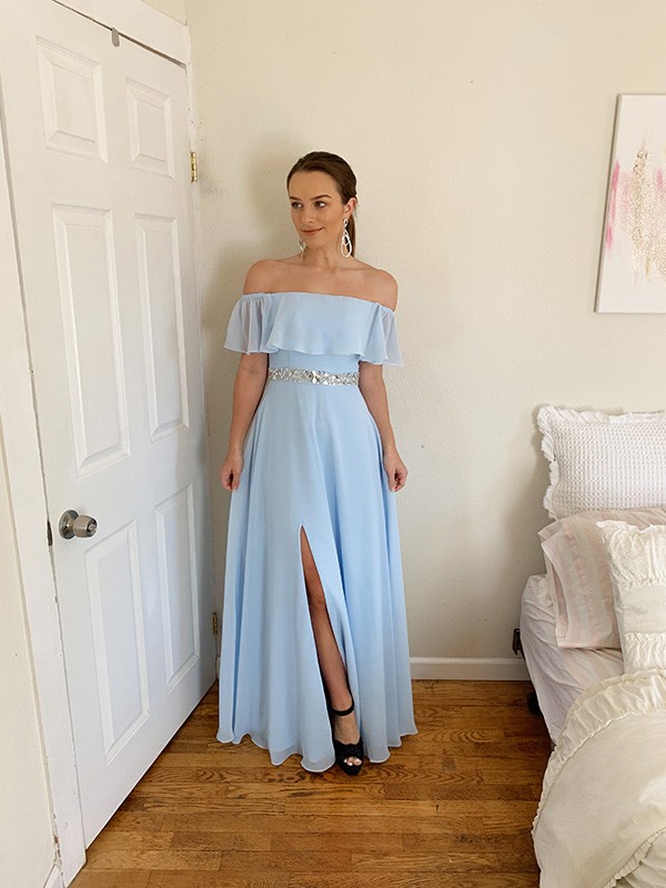 A-line Off-the-shoulder Scoop Neck Sleeveless Floor-length Cocktail Party Dress With Beading 2