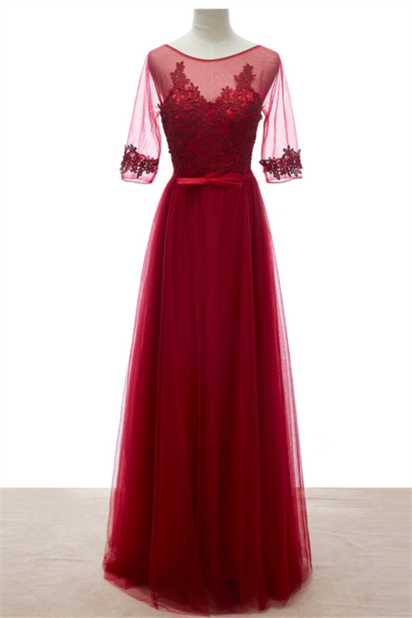 A-line Jewel Neck Half-Sleeves Floor-length Tulle Bridesmaid Gown With Lace 4