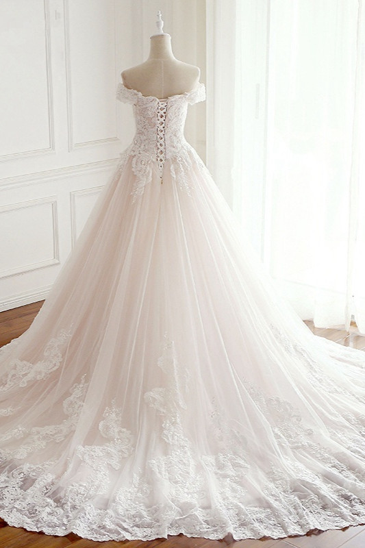 A-line Off-the-shoulder Sweetheart Neck Sleeveless Floor-length Tulle Wedding Dress With Appliques 2