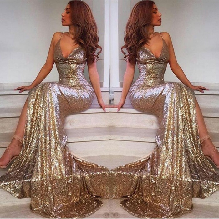 Mermaid V-neck Sleeveless Floor-length Evening Dress With Sequins 2