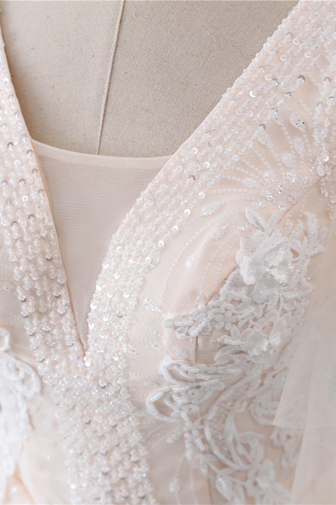 Ball Gown V-neck Short Sleeves Floor-length Tulle Bridal Dress With Appliques 6