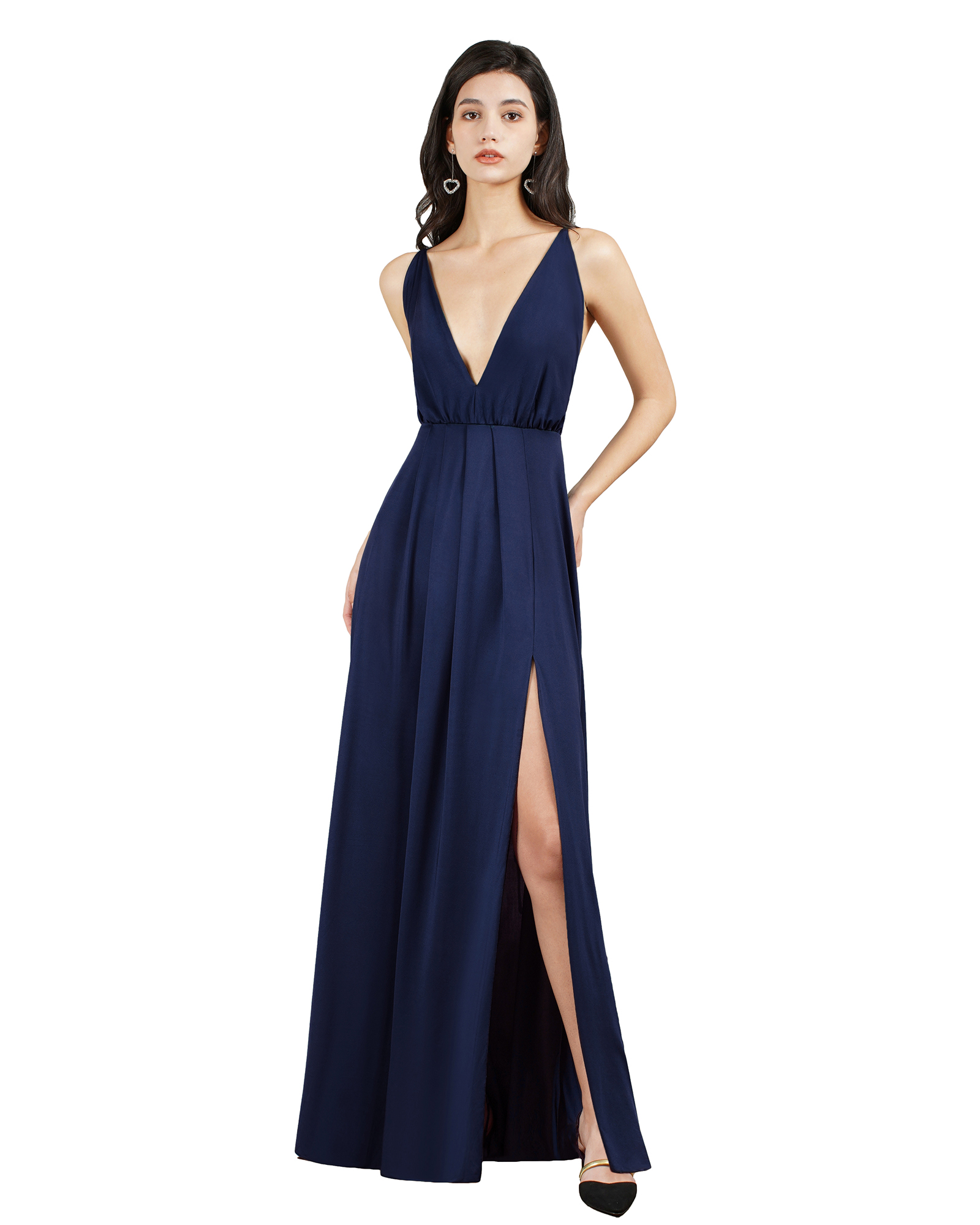 A-line V-neck Sleeveless Floor-length Spandex Evening Dress With Ruffles 5